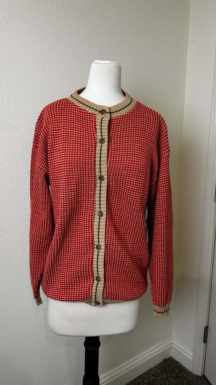 Seychelle Cardigan Sweater Size L Red Tan Cotton Vintage
